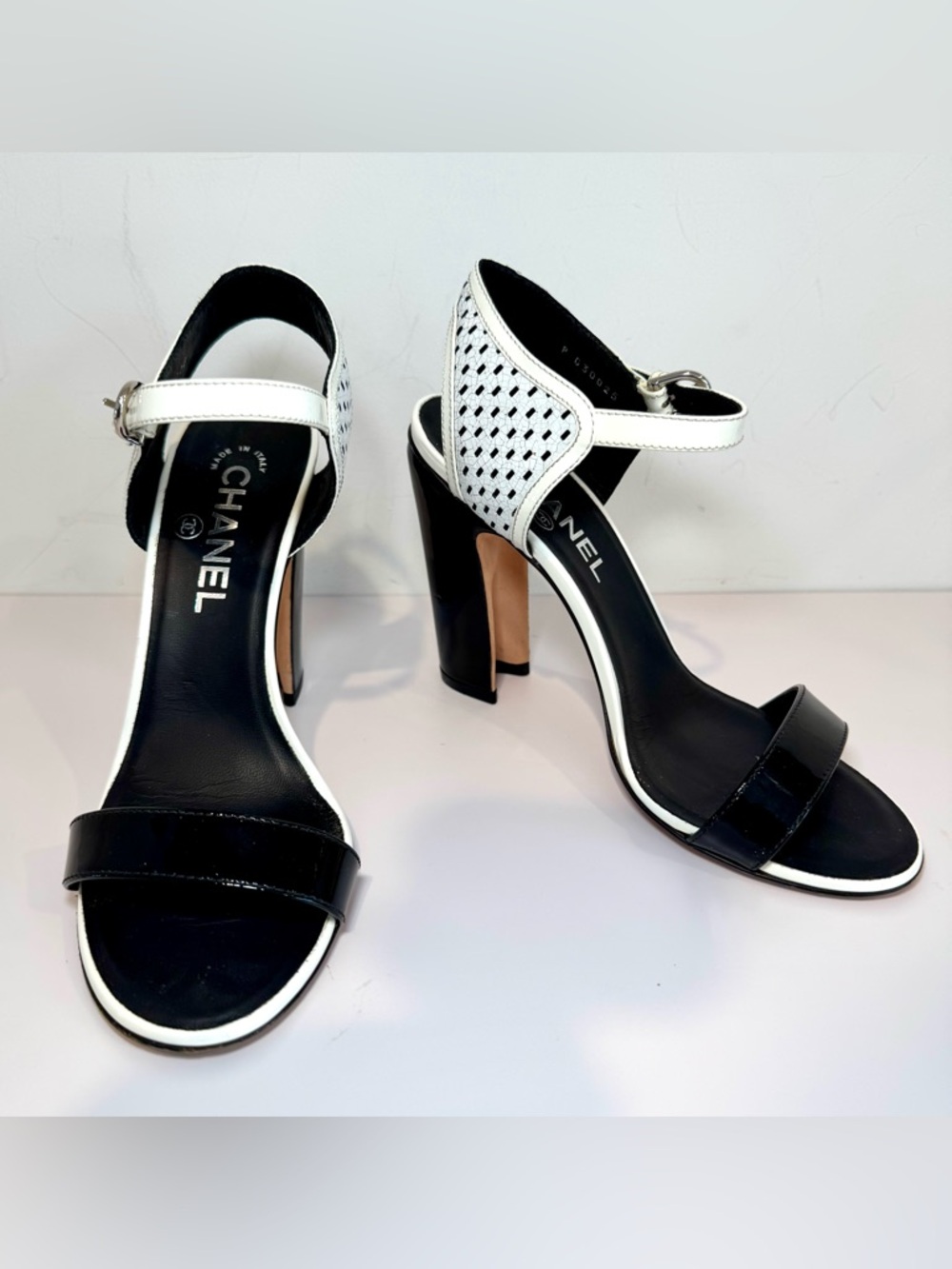 Chanel Black & White Perforated Crackled Patent Leather Sandals W CC Logo, Sz 38